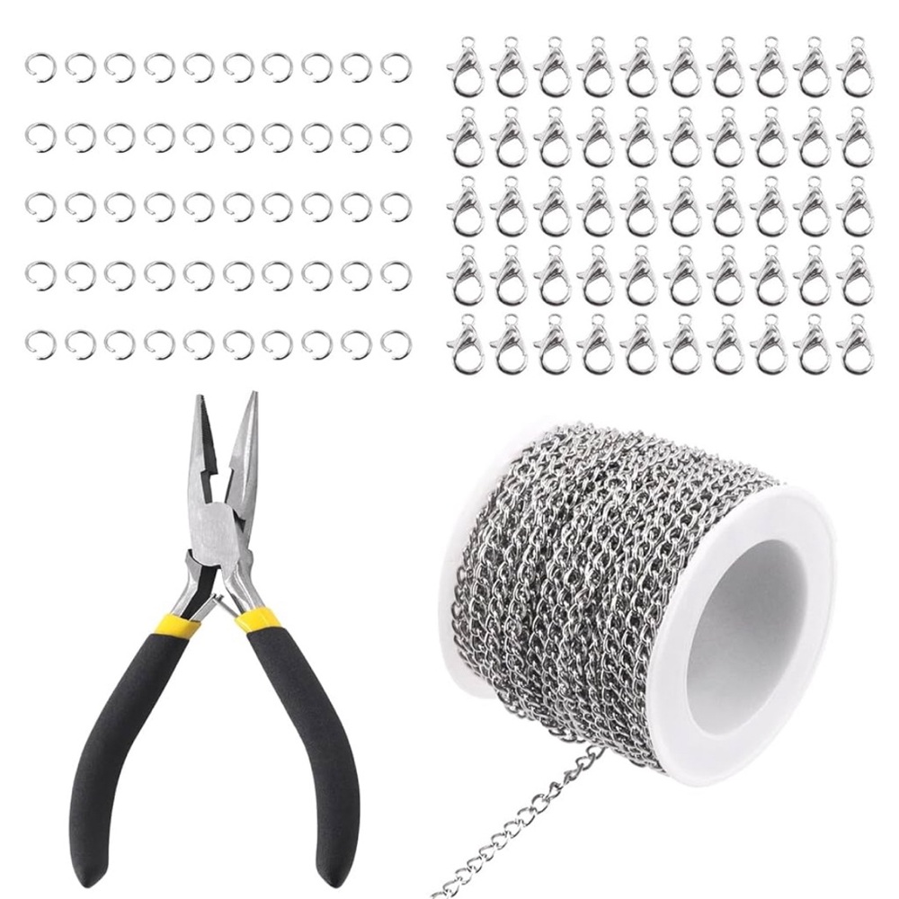 🩶 102 Pc Silver Coloured Jewelry Kit - chain, rings, clasps, & pliers